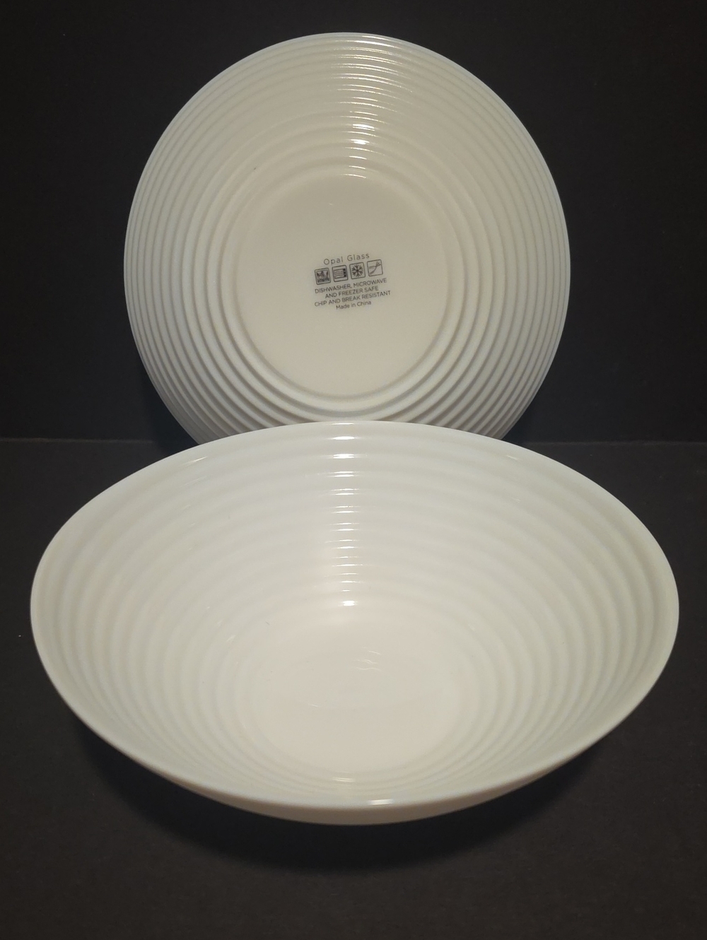 Set Of 2 Opal Glass Ribbed Cereal Soup Bowls 7" White
